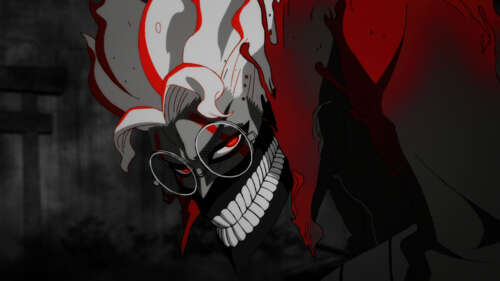 A stylized illustration featuring Okarun and the Turbo Granny from the Dandadan series... free hd wallpapers