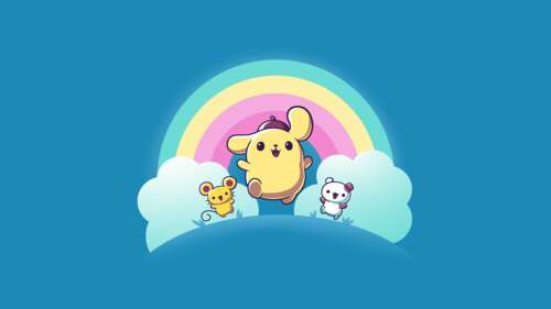 A cute cartoon of Pompompurin from Sanrio with a muffin on a bright blue background. free background images