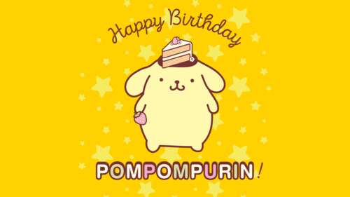 A cute cartoon of the Sanrio character Pompompurin celebrating a birthday against... free hd wallpapers
