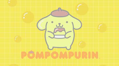Cute Sanrio character Pompompurin surrounded by floating bubbles on a bright yellow... wallpaper
