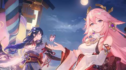 High-resolution anime illustration of Raiden Shogun and Yae Miko from Genshin Impact. free hd wallpapers