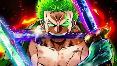 A high-resolution, cinematic close-up of Roronoa Zoro from One Piece looking fearless... free background