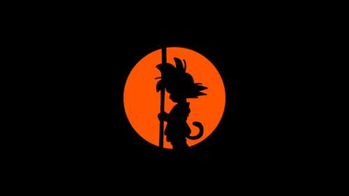 Minimalist black silhouette of Son Goku from Dragon Ball against a solid black background. free background images