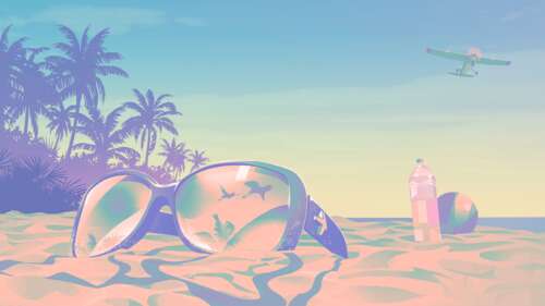 A character wearing goggles relaxing on a sunny tropical beach, inspired by the Grand... free background