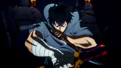 Sung Jinwoo from Solo Leveling holding a dagger in a fearless battle pose. free wallpaper