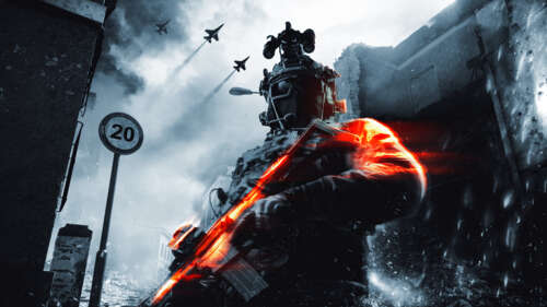 A soldier in detailed tactical gear standing in a battlefield setting, rendered in...