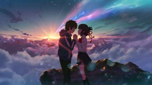 Taki Tachibana and Mitsuha Miyamizu from the anime Your Name standing under a magnificent... wallpaper images