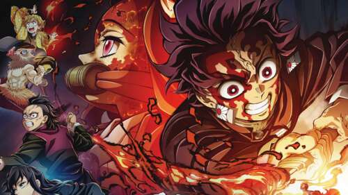 A panoramic cinematic scene of Tanjiro Kamado, Nezuko Kamado, and Inosuke Hashibira...