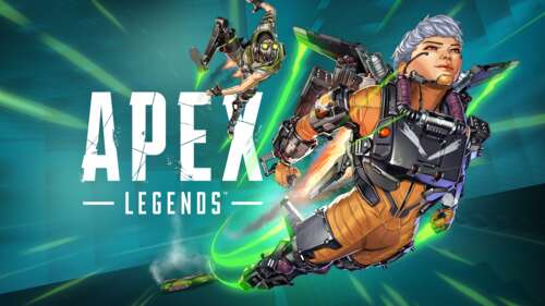 Valkyrie from Apex Legends posing in a dramatic, high-action game poster design.