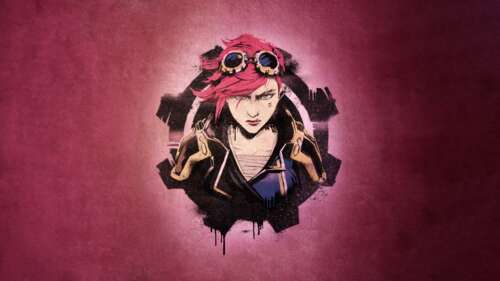 Graffiti art portrait of Vi from Arcane: League of Legends on a red background. wallpaper