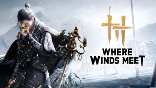 A dramatic game poster for Where Winds Meet featuring a wuxia warrior in a wind-swept,... background images hd