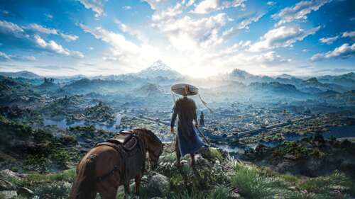 A solitary wuxia warrior standing amidst a vast, misty mountain landscape from the... hd background