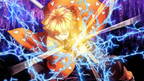A high-resolution 5K close-up of Zenitsu Agatsuma from the anime Demon Slayer: Kimetsu... free hd wallpapers