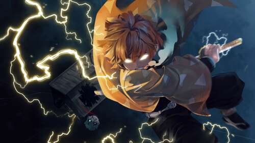 Zenitsu Agatsuma from Demon Slayer: Kimetsu no Yaiba surrounded by electric lightning... free wallpaper