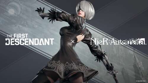 2B from NieR:Automata standing in a detailed futuristic combat environment wallpaper