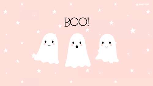 A cute, minimalist kawaii ghost character floating on a soft peach-colored background,... free wallpaper