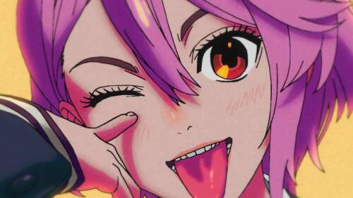 Aira Shiratori from Dandadan winking with pink and purple hair free wallpaper
