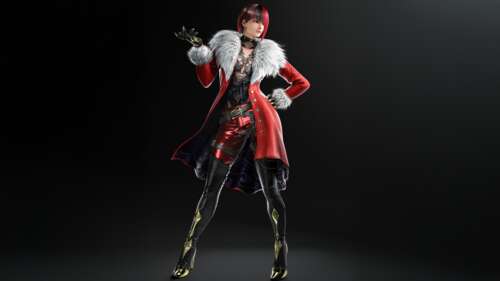 A cinematic high-detail portrait of Anna Williams from Tekken 8 against a dark, moody...