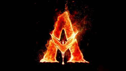 A dramatic logo for the movie Avatar: Fire and Ash featuring glowing orange flames... wallpaper