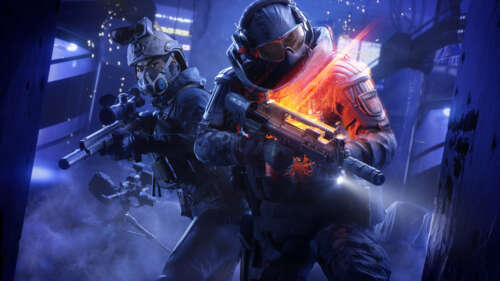 A soldier in advanced tactical gear amidst battlefield ruins and debris, representing... free hd wallpapers