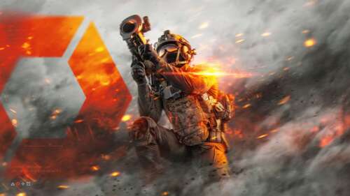 Cinematic concept art of a futuristic battlefield engineer in heavy tactical armor...