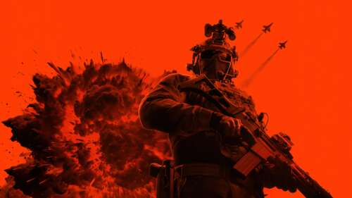 A monochrome soldier in tactical military gear positioned against a vibrant orange... free wallpaper for computer