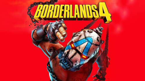 A cel-shaded Vault Hunter character from the Borderlands universe standing in front... desktop wallpaper