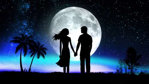 A dark, surrealist silhouette of a couple holding hands beneath a large glowing moon... wallpaper
