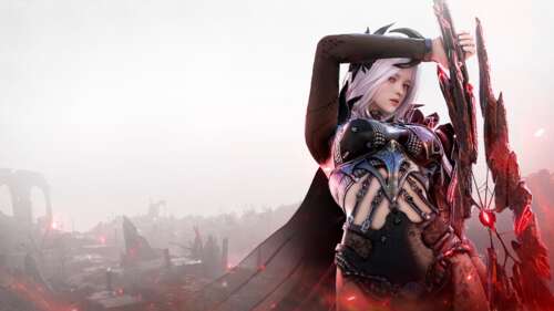 A female warrior holding a sword with a vibrant red glow in a dark fantasy setting. free wallpaper