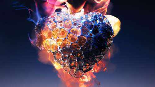 A 3D rendered heart enveloped in intense orange and red flames with glowing embers... wallpaper