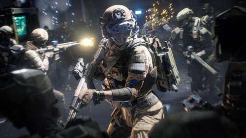 A heavily armored futuristic soldier equipped with advanced tactical gear and weaponry...
