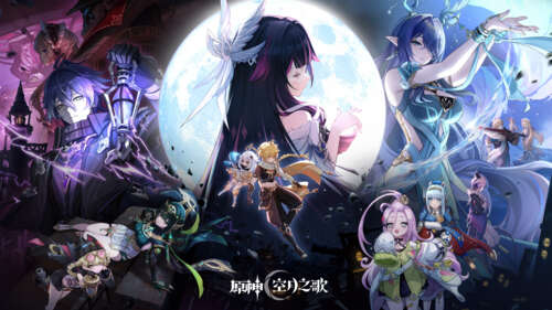 A cinematic character poster from Genshin Impact featuring a warrior with glowing...