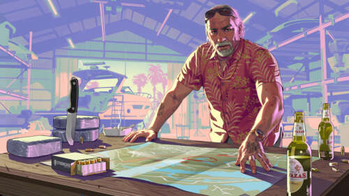 Lucia and Jason from Grand Theft Auto VI standing in a neon-lit tropical setting. free wallpaper