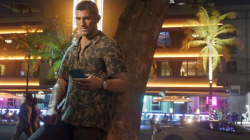 Jason from Grand Theft Auto VI surrounded by neon lights in a nighttime urban setting. free background images