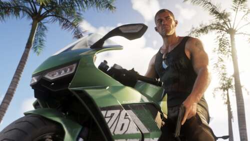 Jason from Grand Theft Auto VI posing with sleek, modern sports bikes in a cinematic... wallpaper download