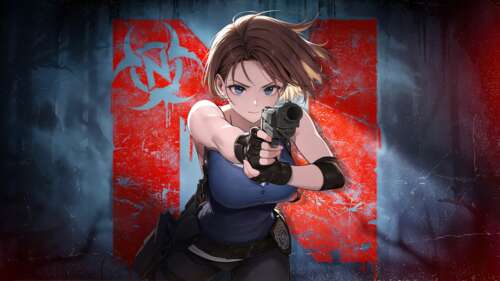 An anime-style depiction of Jill Valentine from Resident Evil in the art style of... wallpaper