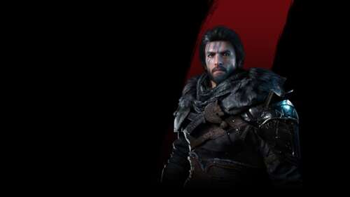 Kliff, the warrior from Crimson Desert, wearing detailed armor against a black background. free wallpaper