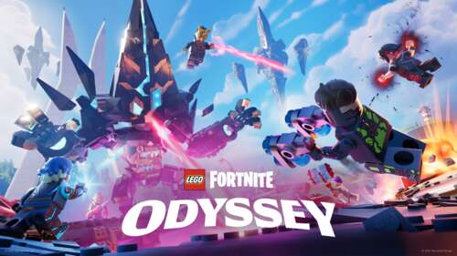 LEGO minifigures traversing a vibrant, blocky forest in the LEGO Fortnite game mode. free background
