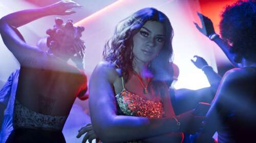 Lucia Caminos standing in a vibrant, neon-lit nightclub setting inspired by Grand... wallpaper