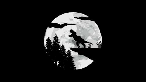 Minimalist silhouette of a T-Rex under a large full moon at night. free hd wallpapers