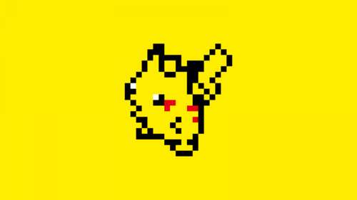 Minimalist pixel art of Pikachu from Pokémon on a solid yellow background. wallpaper download