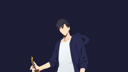 Minimalist dark blue silhouette of Sung Jinwoo from Solo Leveling wallpaper