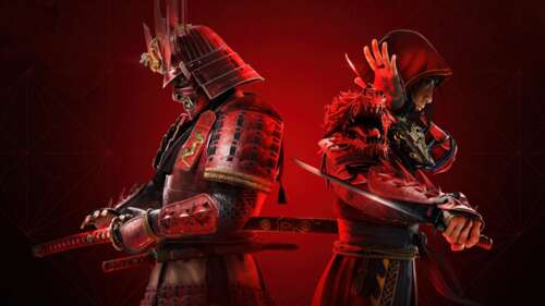 Naoe and Yasuke from Assassin's Creed Shadows posing against a dark red background... wallpaper photo gallery download