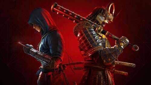 Cinematic portrait of Naoe and Yasuke from Assassin's Creed Shadows against a deep... pictures for wallpaper