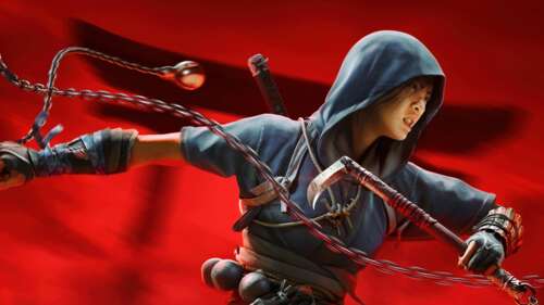 A striking portrait of the character Naoe from Assassin's Creed Shadows against a... desktop wallpaper