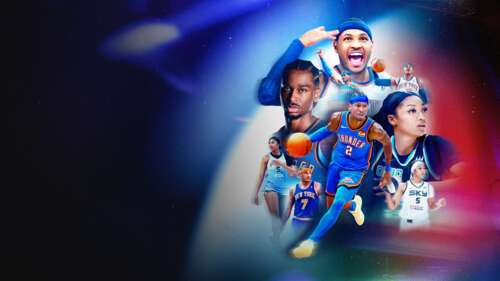 A cinematic collage of basketball players Angel Reese, Carmelo Anthony, and Shai... wallpaper