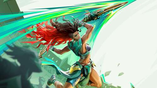 A stylized character in neon-accented tactical gear set against a colorful, futuristic... high definition wallpaper