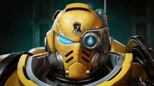 A close-up of a warrior wearing detailed fantasy plate armor with glowing magical... wallpaper