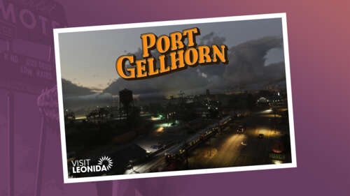 A tropical postcard view of Port Gellhorn's coastline and palm trees, inspired by... wallpaper