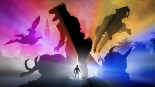 A colorful Power Ranger standing in a lush, prehistoric jungle environment from Ark:... free background